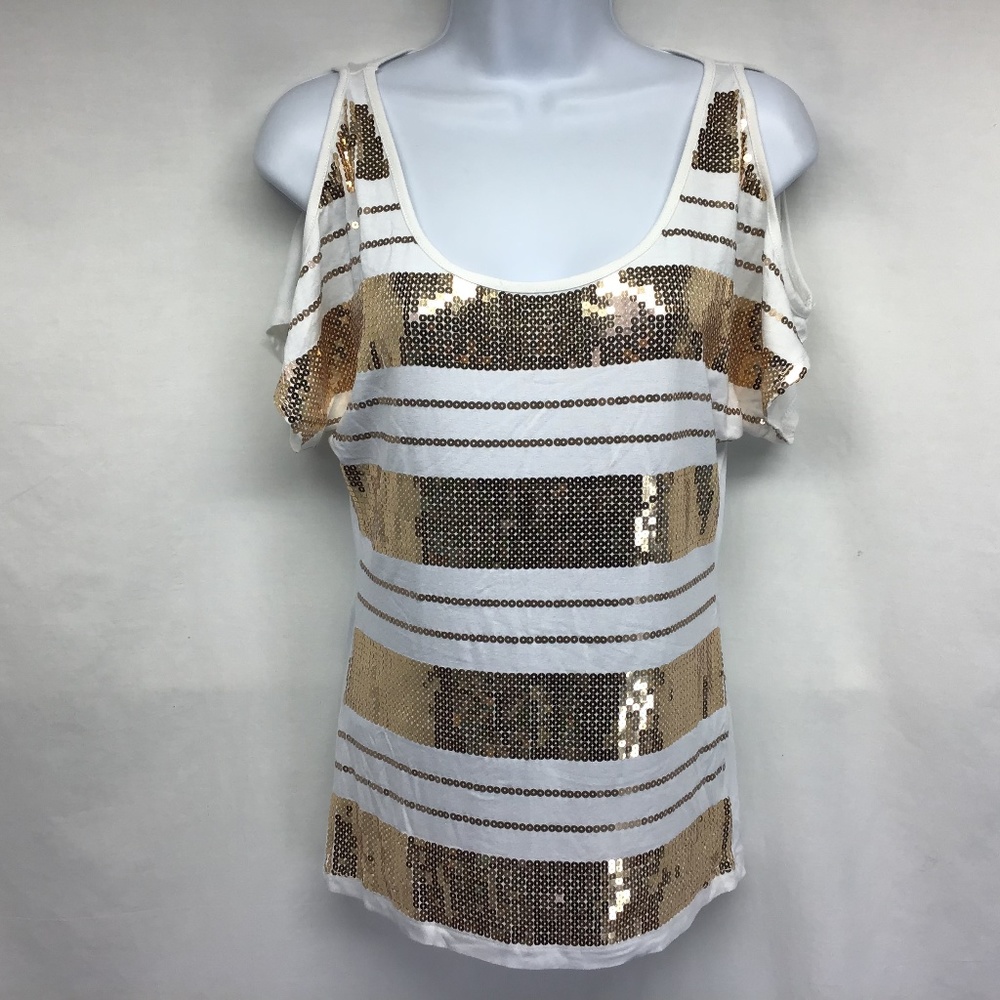 bebe 2b Gold Sequin Open Shoulder Top NEW XS
